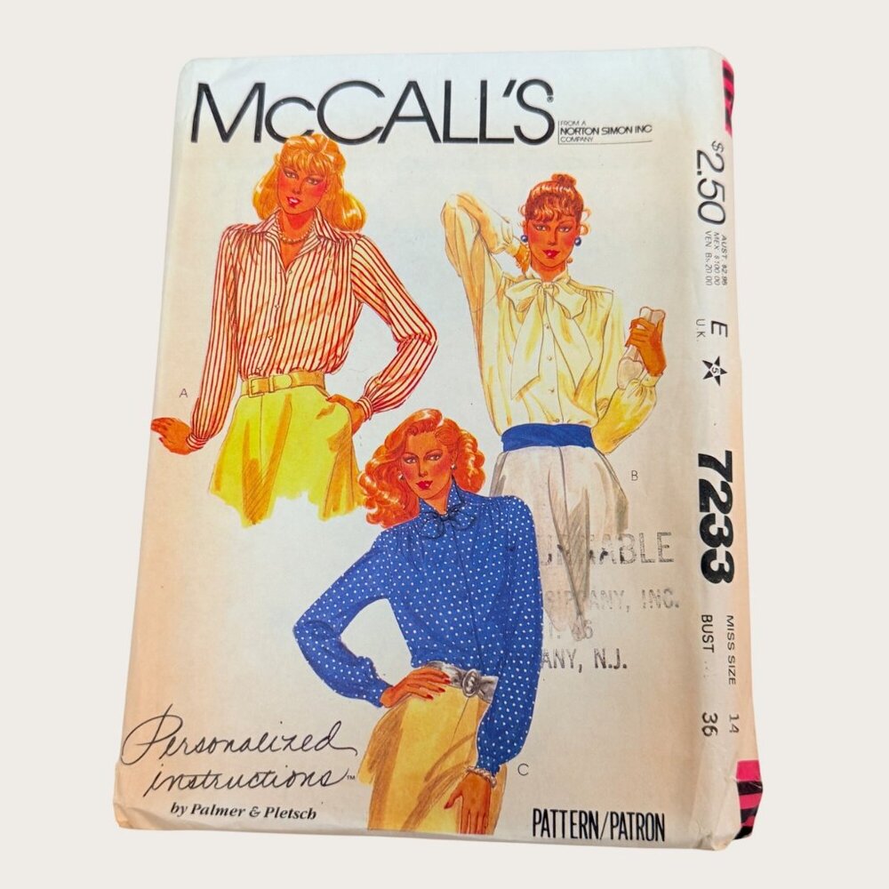 Vintage 1980s McCalls Sewing Pattern 7233 Misses Blouses Size 14